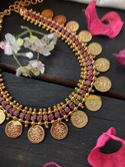 Traditional Kerala Lakshmi Coin Neckpiece-Pink AD Stone-G4259