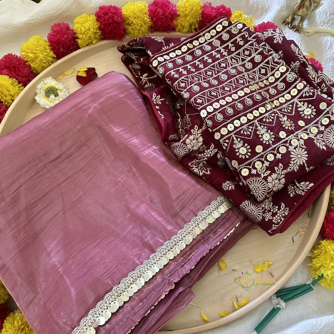 Light Maroon Plain Organza Saree-VS3617