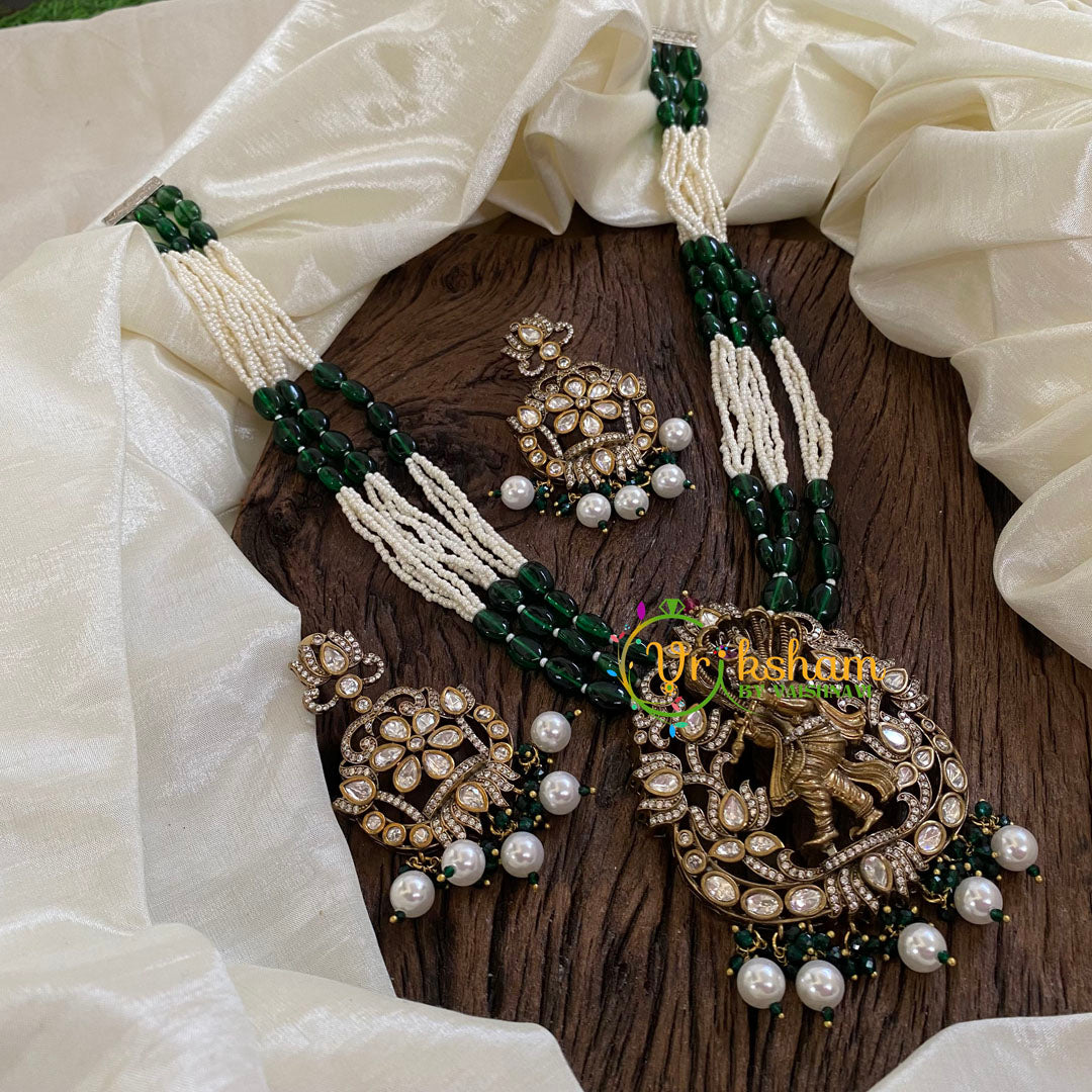 Layered Green Bead Victorian Diamond Short Neckpiece-Narthana Krishna -VV1270