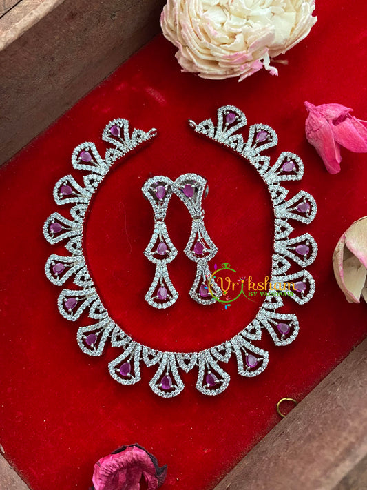 White Tone American Diamond Choker-Red-G3208