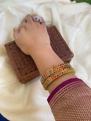 Silk Thread Kada Kundan Bangle -Red Squares-G6070