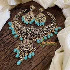 Aqua Blue Victorian Diamond Short Neckpiece -VV1252