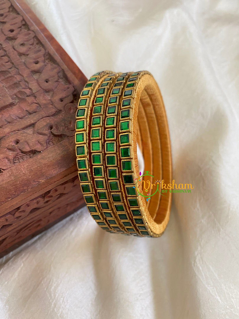 Thin Silk Thread Kundan Bangle -Dark Green-G6080