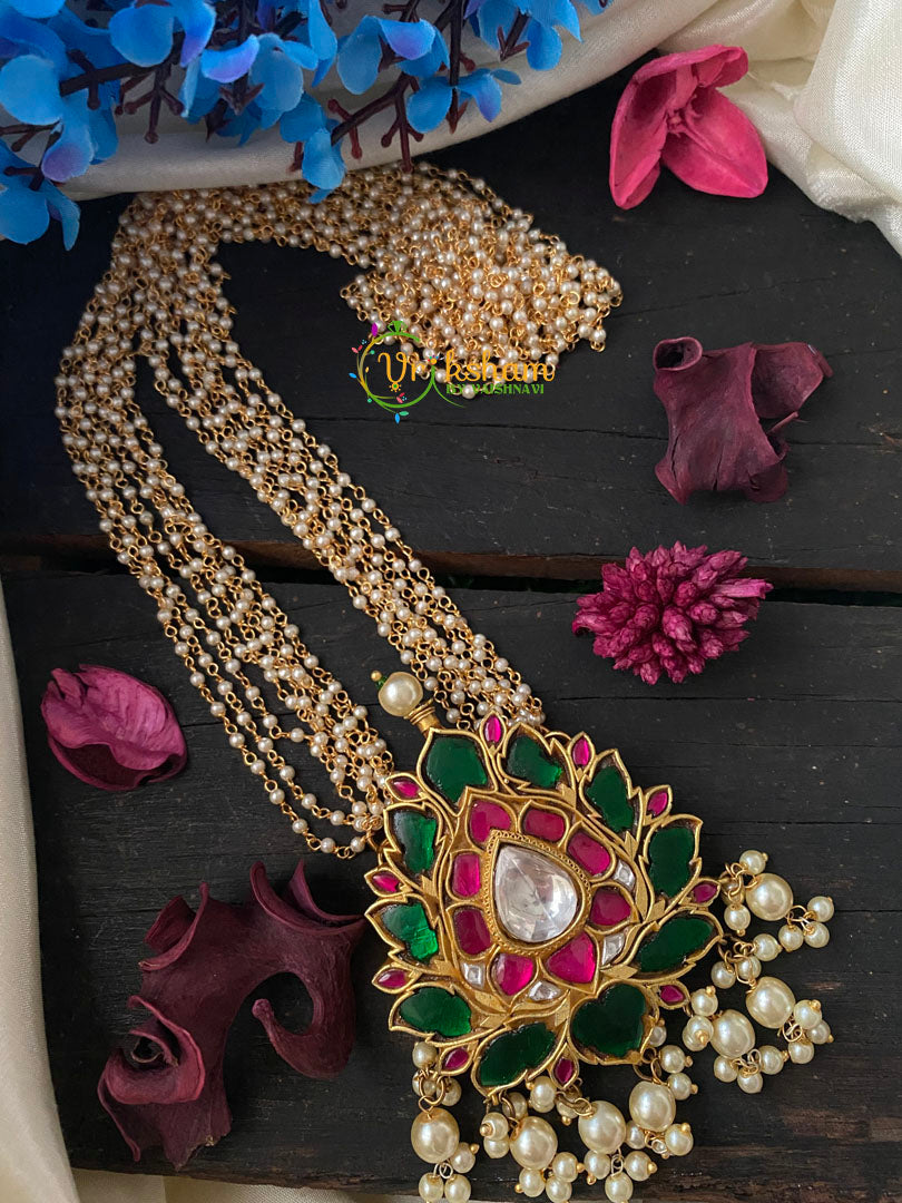 Exquisite Jadau Kundan Lotus Pendant Neckpiece -Pearl -J104