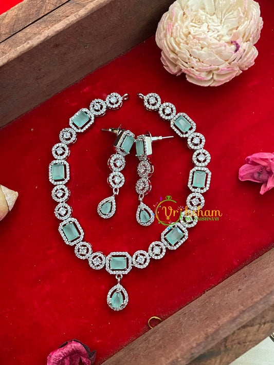 Pastel Green American Diamond Neckpiece with Tear Drop Pendant-g3234