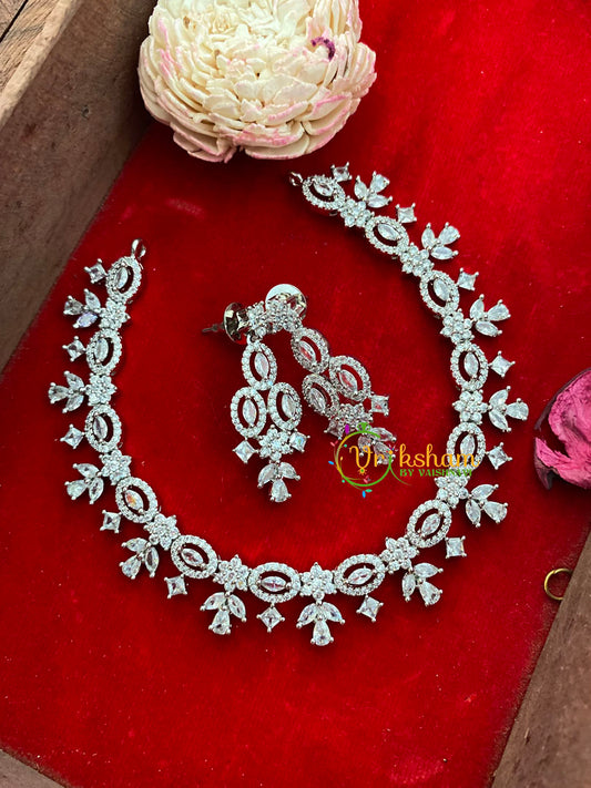 White Tone American Diamond Choker-Flower and Star-G3304