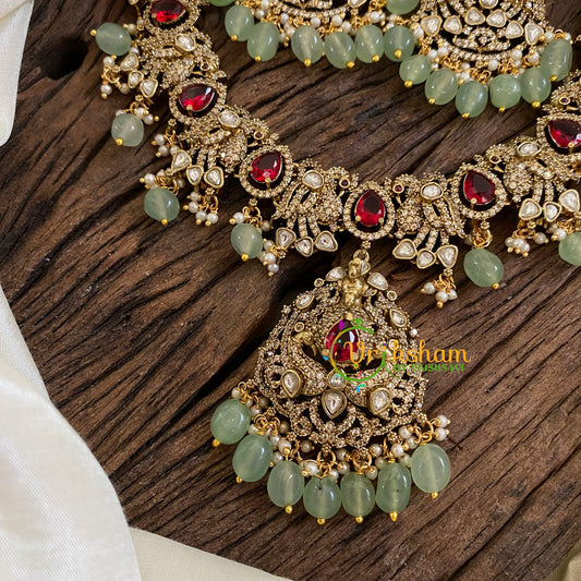 Red Victorian Diamond Short Neckpiece-Pastel Green Bead-VV1206