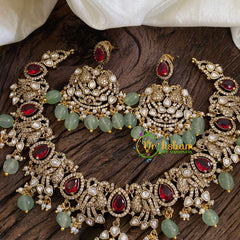 Red Victorian Diamond Short Neckpiece-Pastel Green Bead-VV1206