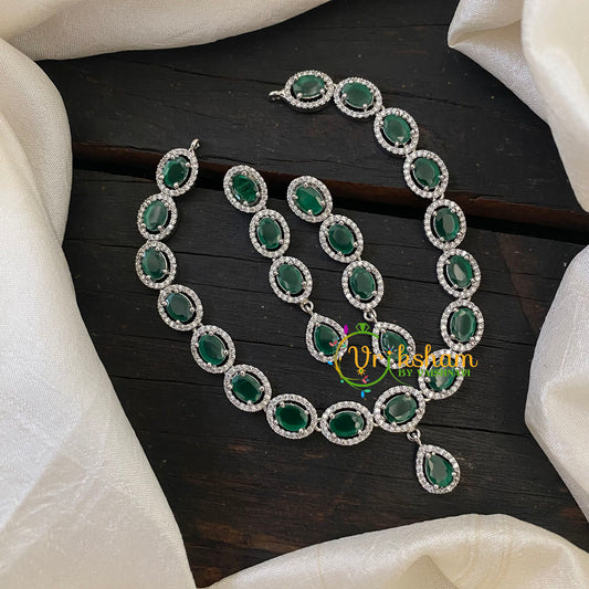 White Tone American Diamond Short Neckpiece-Green -G6601