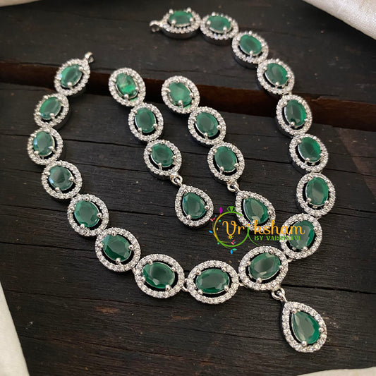 White Tone American Diamond Short Neckpiece-Green -G6601