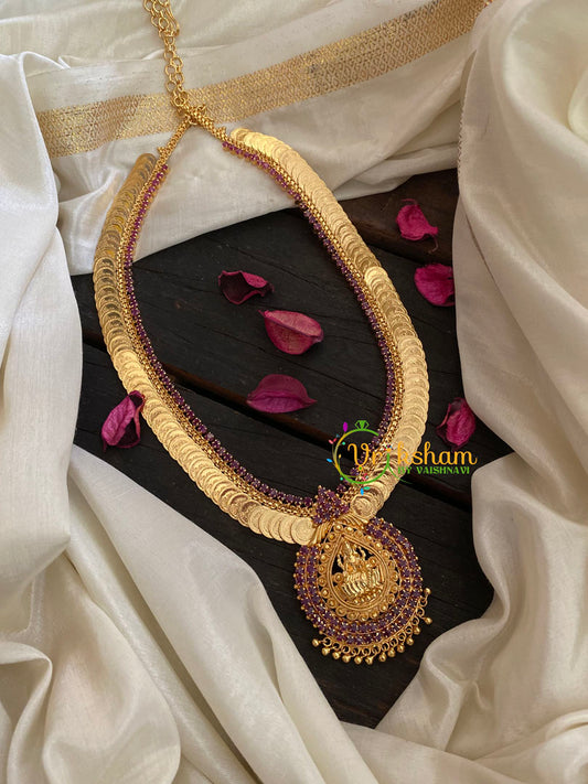 Gold Lakshmi Kaasumala Haram with Lakshmi Pendant-Red-G3179