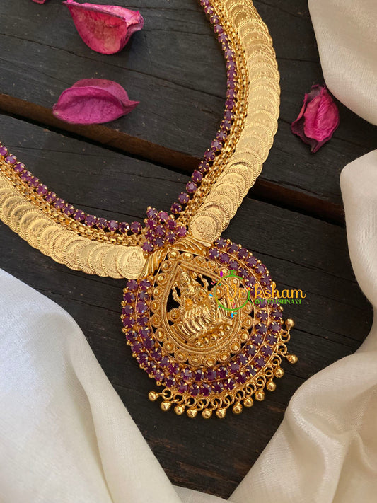 Gold Lakshmi Kaasumala Haram with Lakshmi Pendant-Red-G3179