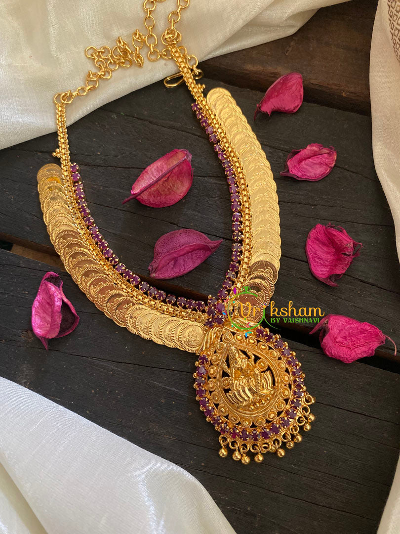 Gold Lakshmi Kaasumala Neckpiece -Lakshmi Pendant-Red-G3180