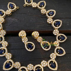 Gold Tone American Diamond Choker Short Neckpiece-Dark Blue -G6595