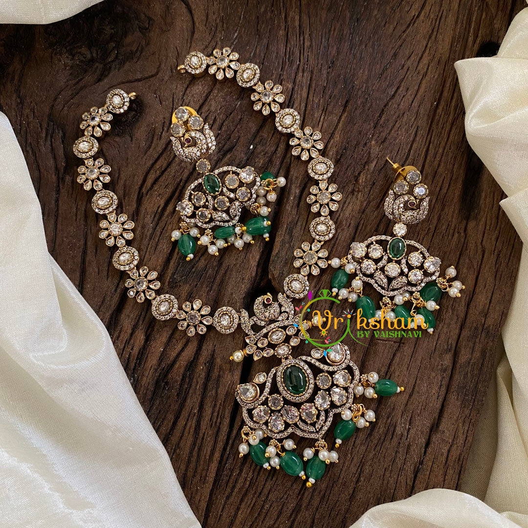 Green Bead Victorian Diamond Short Neckpiece -VV1191