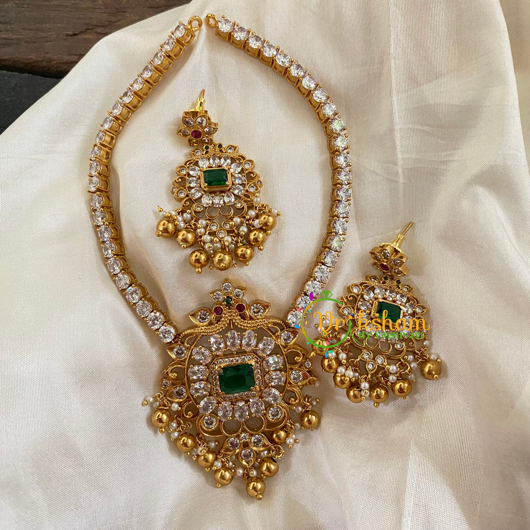 AD Stone Designer Addigai Short Neckpiece-Green Stone-Ghungroo-G7732