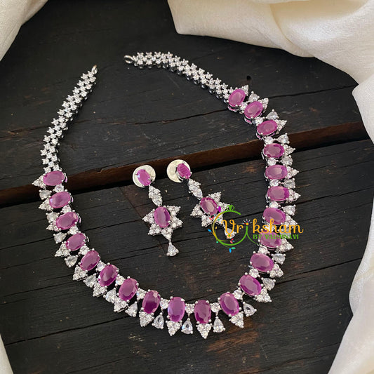 White Tone American Diamond Short Neckpiece-Pink -G6591