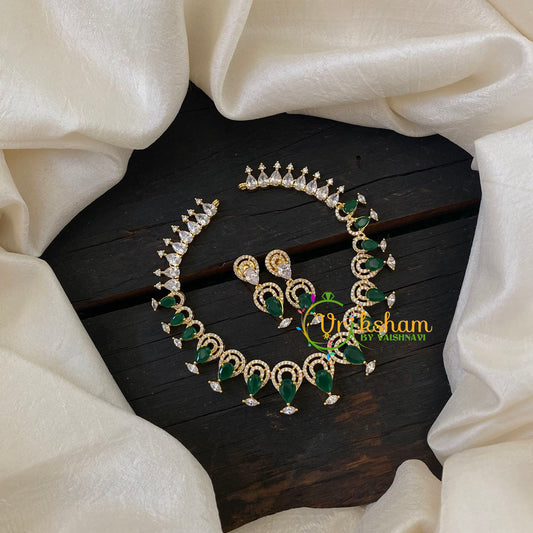 Gold Tone American Diamond Choker Short Neckpiece-Green-G6590