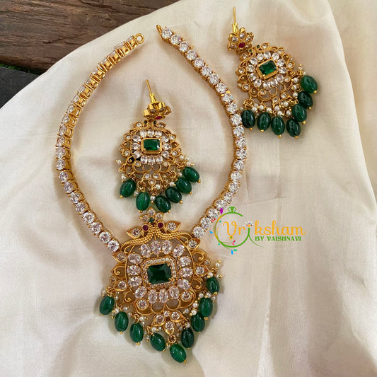 AD Stone Designer Addigai Short Neckpiece-Green Stone-Green Bead-G7734