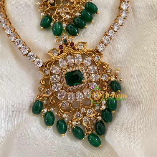 AD Stone Designer Addigai Short Neckpiece-Green Stone-Green Bead-G7734