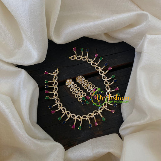 Gold Tone American Diamond Choker Short Neckpiece-Pink Green Blue-G6589