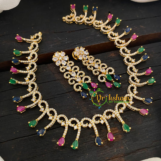 Gold Tone American Diamond Choker Short Neckpiece-Pink Green Blue-G6589