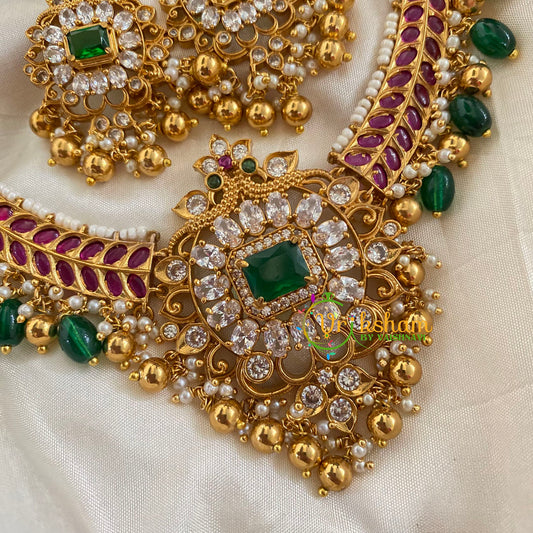 Premium Gold Choker Short Neckpiece -Red Green- Green Bead-G7811