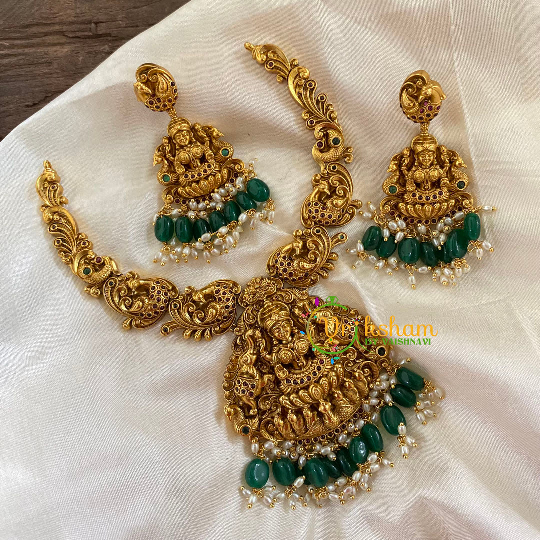 Gold Look Alike Lakshmi Pendant Short Neckpiece-Green bead-G7764