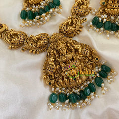 Gold Look Alike Lakshmi Pendant Short Neckpiece-Green bead-G7764