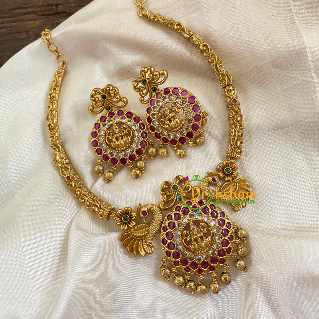 Gold Look Alike Lakshmi Pendant Short Neckpiece-Red Green-G7765