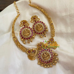 Gold Look Alike Lakshmi Pendant Short Neckpiece-Red -G7766
