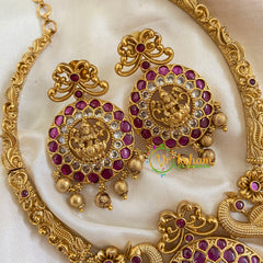 Gold Look Alike Lakshmi Pendant Short Neckpiece-Red -G7766