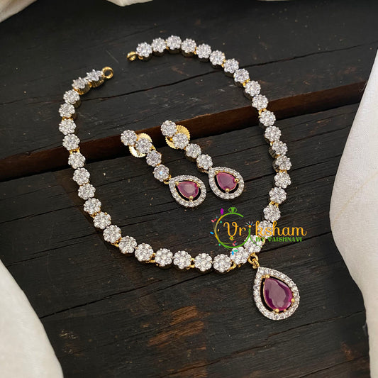 Gold Tone American Diamond Short Neckpiece-Pink Red -G6568