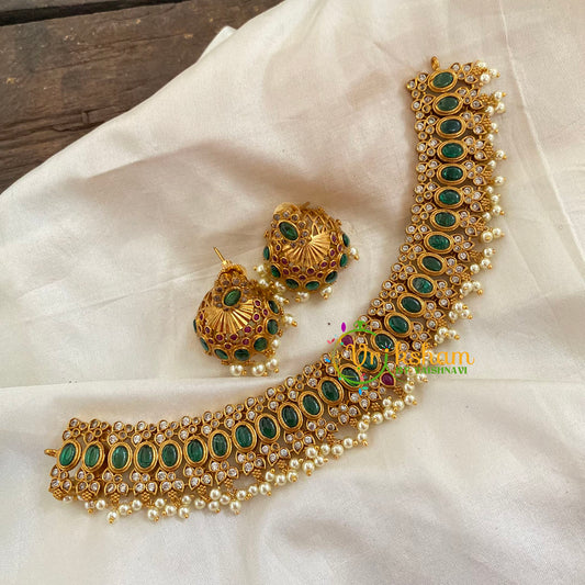 Premium Gold Choker Short Neckpiece -Green White-G7820