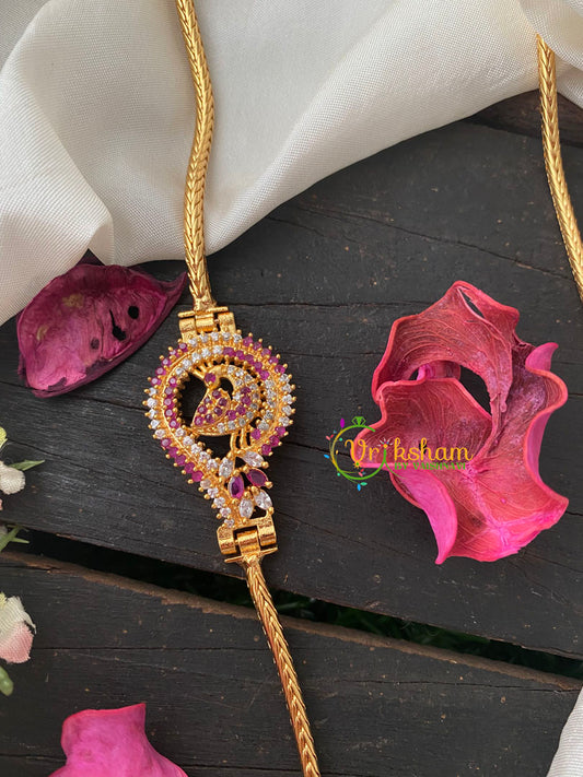 Traditional AD Stone Mogappu Chain-Red White-Peacock Sangu-G4220