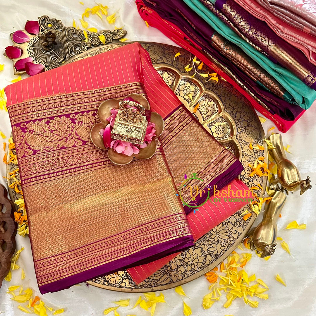 Pinkish Red and Purple Veldari Kanchi Pure Silk Saree -VS1551