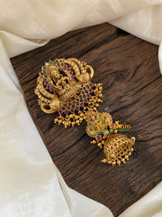 Premium Lakshmi Single Jada Billai  with Jhumkas-Temple Bun Billai - Red Green -G9605