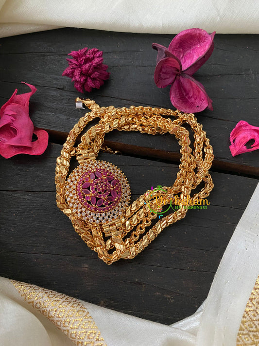 Traditional AD Stone Mogappu Chain 2-Pink White-Floral-G4204