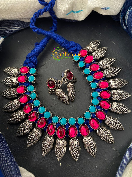 Oxidized Kolhapuri Pink Blue Neckpiece-S0128