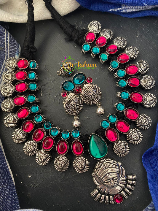 Oxidized Kolhapuri Durga Neckpiece-Pink Blue-S0153