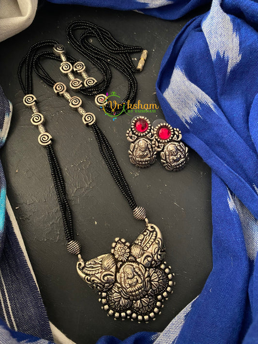 Silver Look Alike Lakshmi Pendant Black Bead Chain -S0057