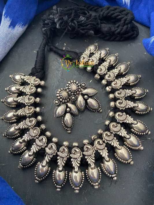 Black Thread Peacock Kolhapuri Silver Neckpiece -S0021