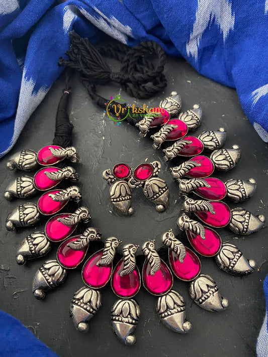 Oxidized Kolhapuri Pink stone Neckpiece -Black Thread -Tear Drop -S0020