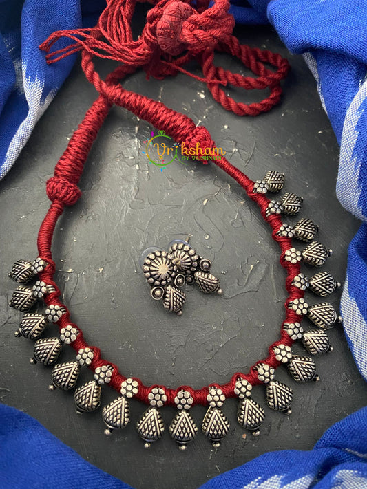 Red Thread Kolhapuri Silver Neckpiece -S0018