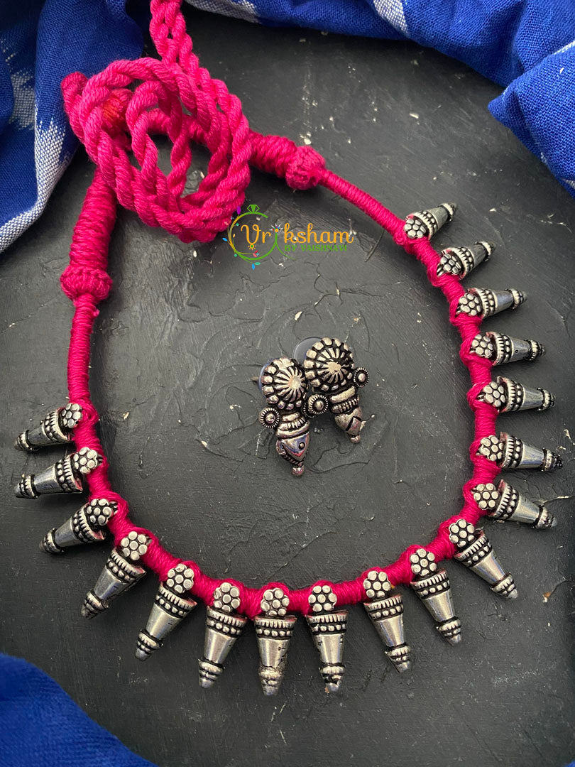 Pink Thread Kolhapuri Silver Neckpiece-Spike -S0016