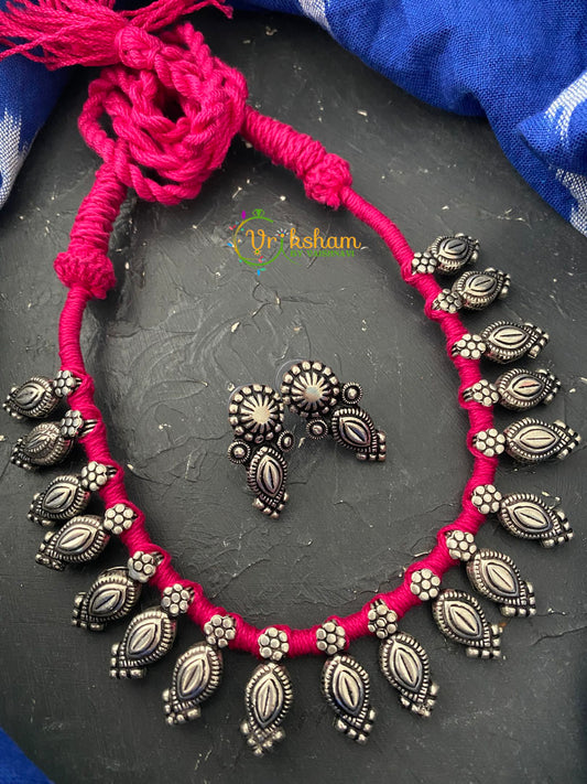 Pink Thread Kolhapuri Silver Neckpiece -S0014