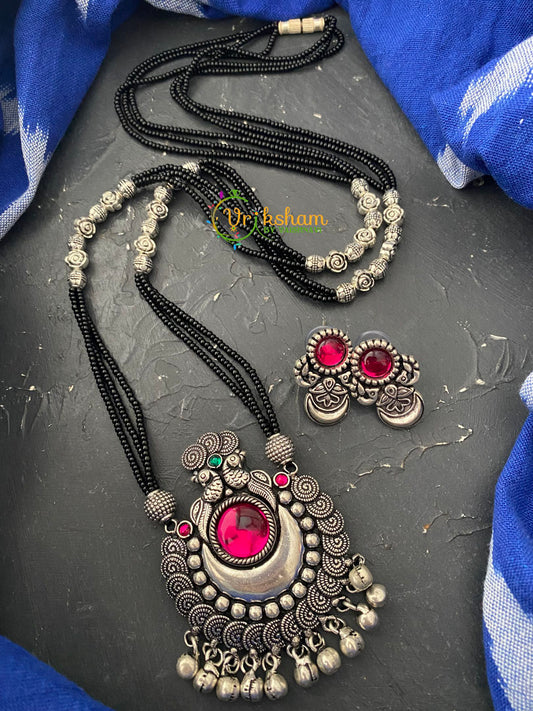 Pink Stone Pendant Black Beaded Chain -S0046