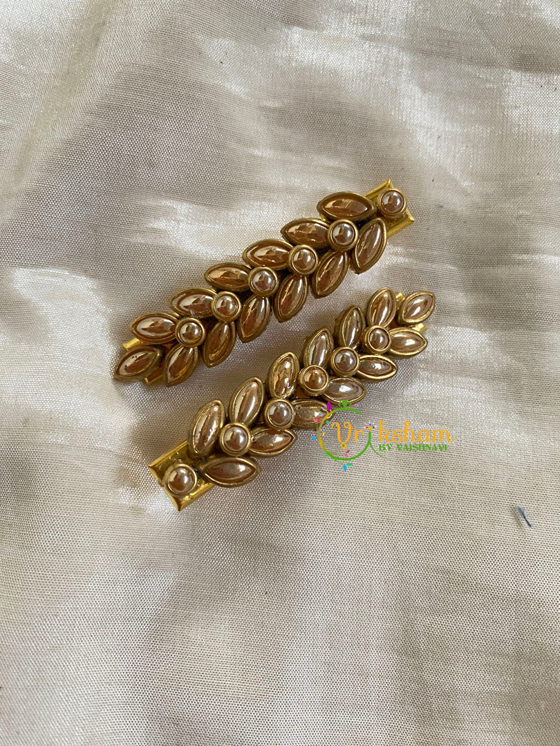 Kundan Hair Clip-Gold Pearl-Leaf-H292