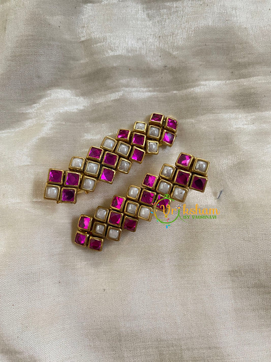 Kundan Hair Clip-gold Hot pink White - V-H291