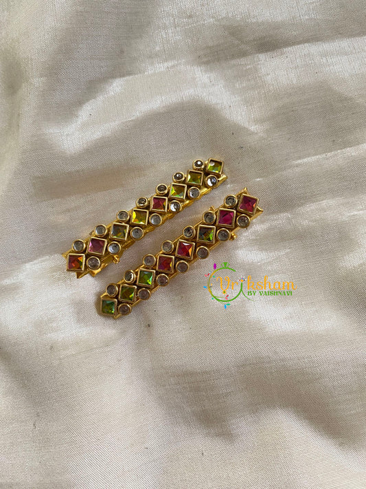 Kundan Hair Clip-Gold-Pink Green- Dice Dots-H289